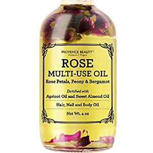 Rose Multi-Use Oil for Face, Body and Hair - Organic Blend of Apricot, Vitamin E and Sweet Almond Oil Moisturizer for Dry Skin, Scalp & Nails - Rose Petals & Bergamot Essential Oil - 4 Fl Oz